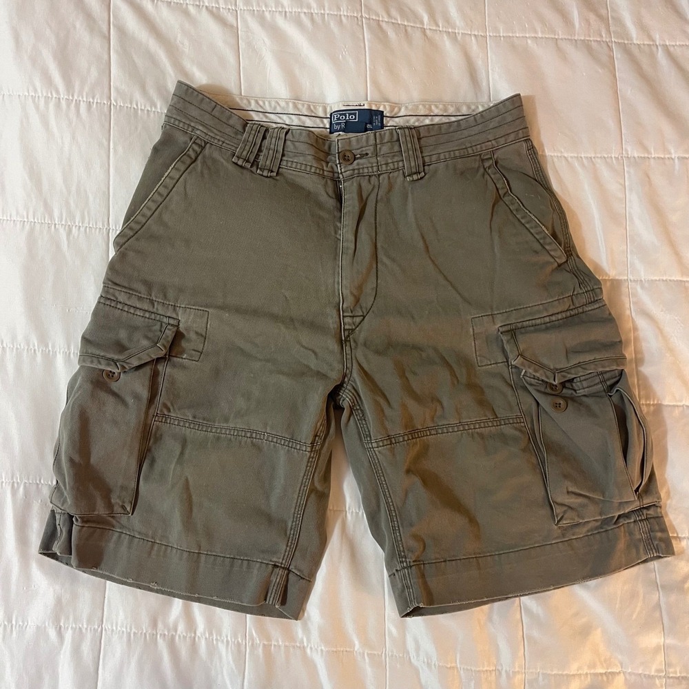 Vtg Y2K Polo Ralph‎ Lauren Mens Cargo Shorts Olive Green Cotton Twill Utility 31